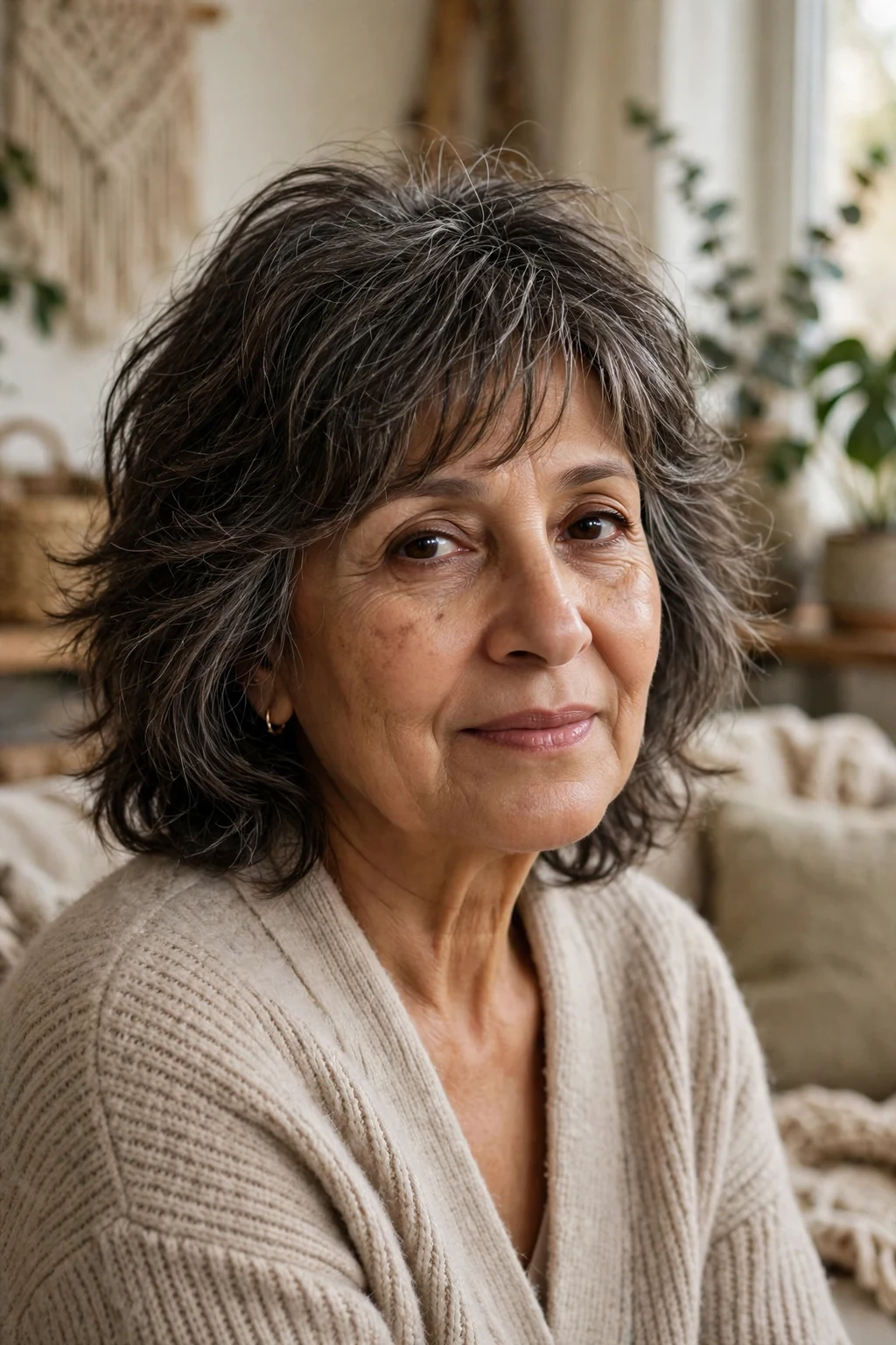 Beautiful woman over 60 with soft shag, gentle soft shag, soft light.