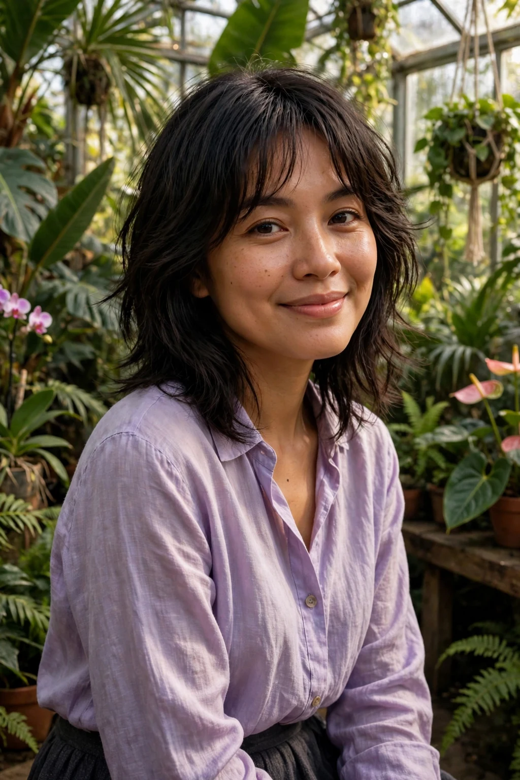 A young woman with a soft shag and wispy curtain bangs, walking through a botanical greenhouse.
