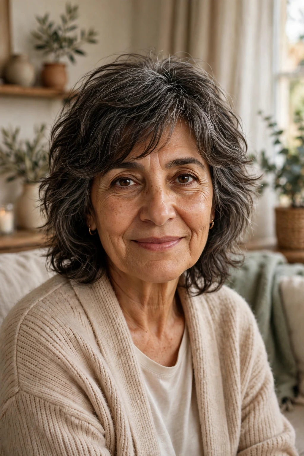 Beautiful woman over 50 with soft shag, gentle soft shag, soft light.