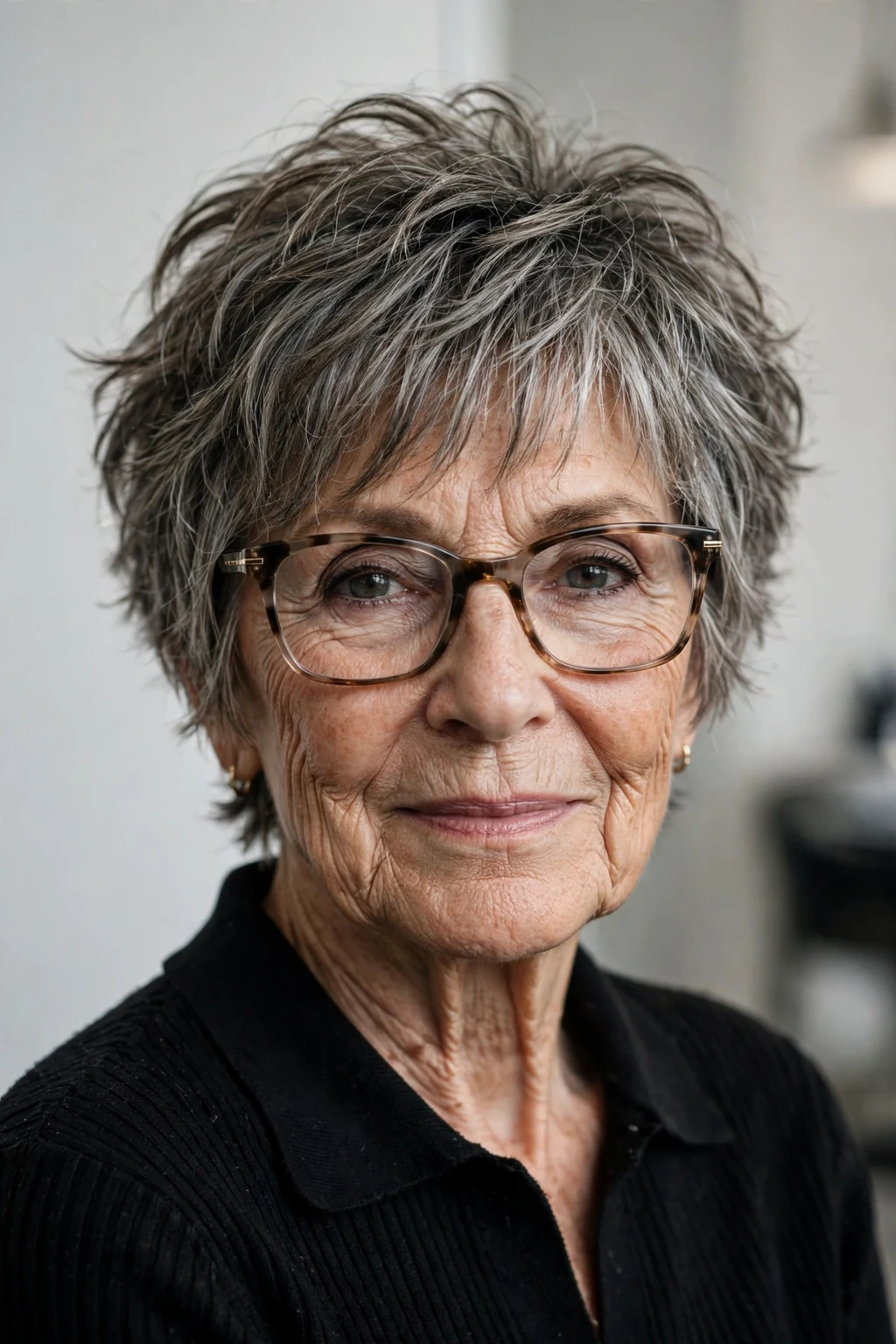 Elegant woman over 70 with glasses and soft short shag, textured lived-in layers, edgy light.