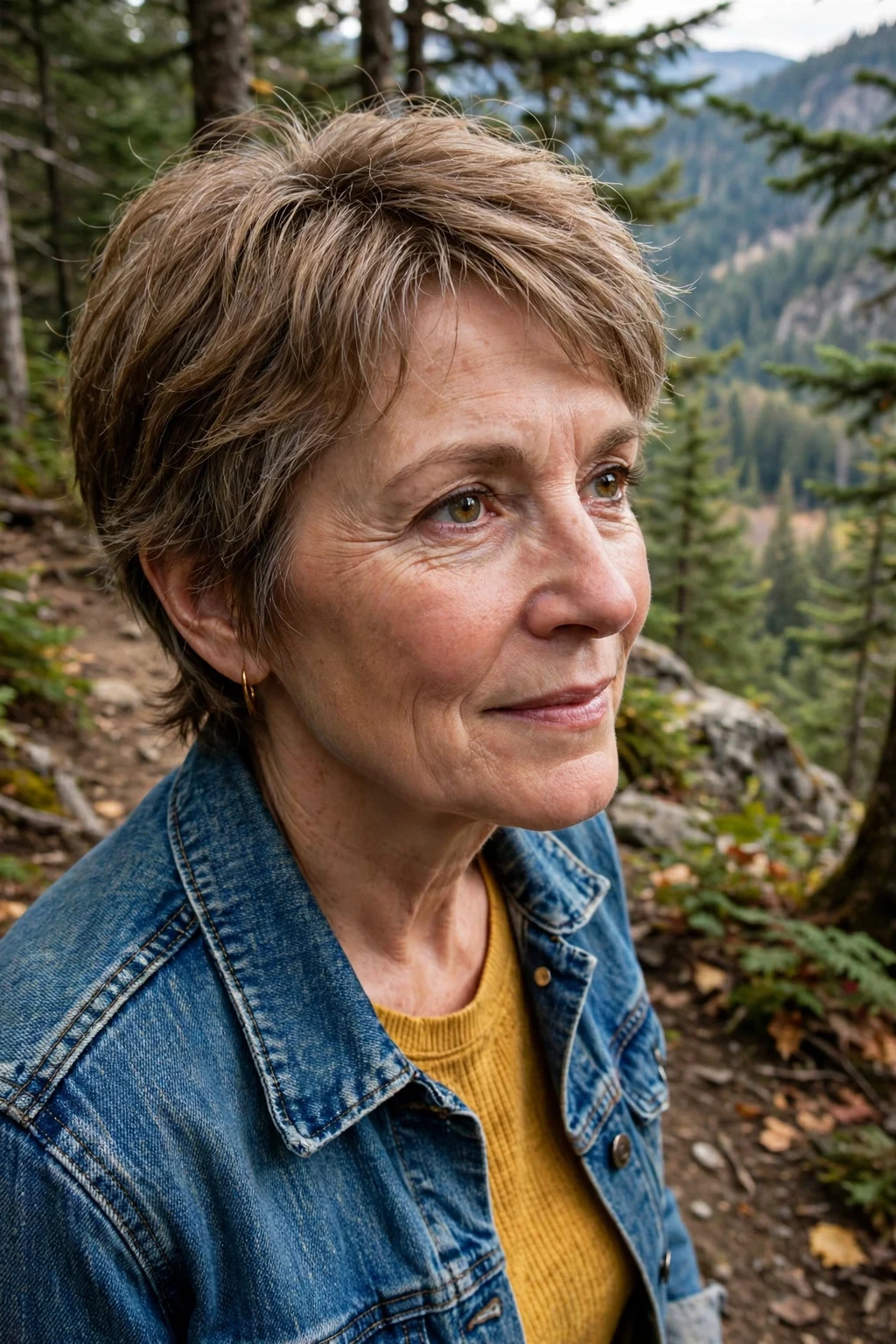 Mature woman over 50 with a soft short wolf cut haircut for fine thin hair, styled and full of volume.