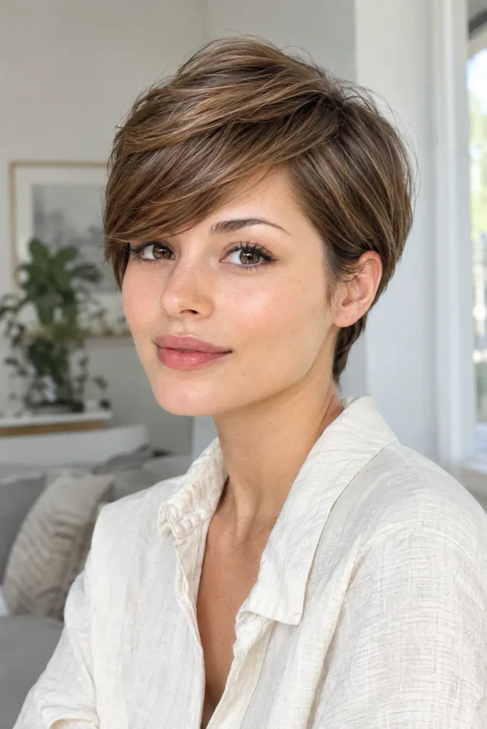 Feminine Pixie Haircuts with a soft side-swept fringe and tapered sides