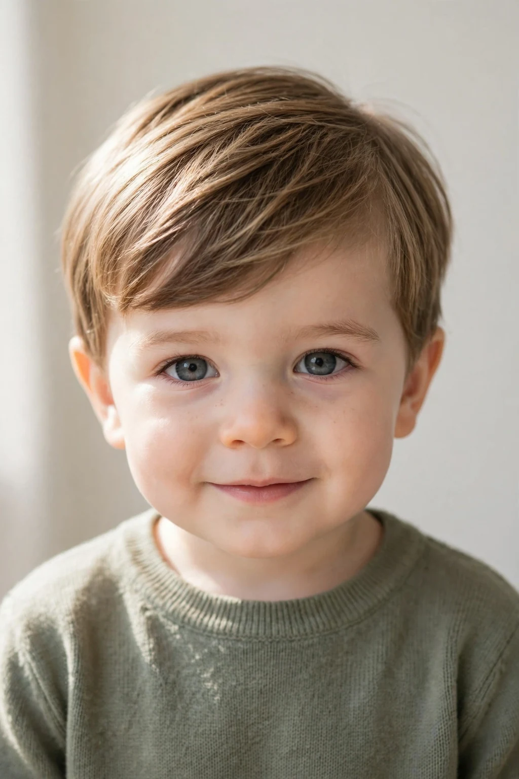 Sweet toddler boy with a soft side-swept fringe haircut, gentle studio lighting, light neutral background.