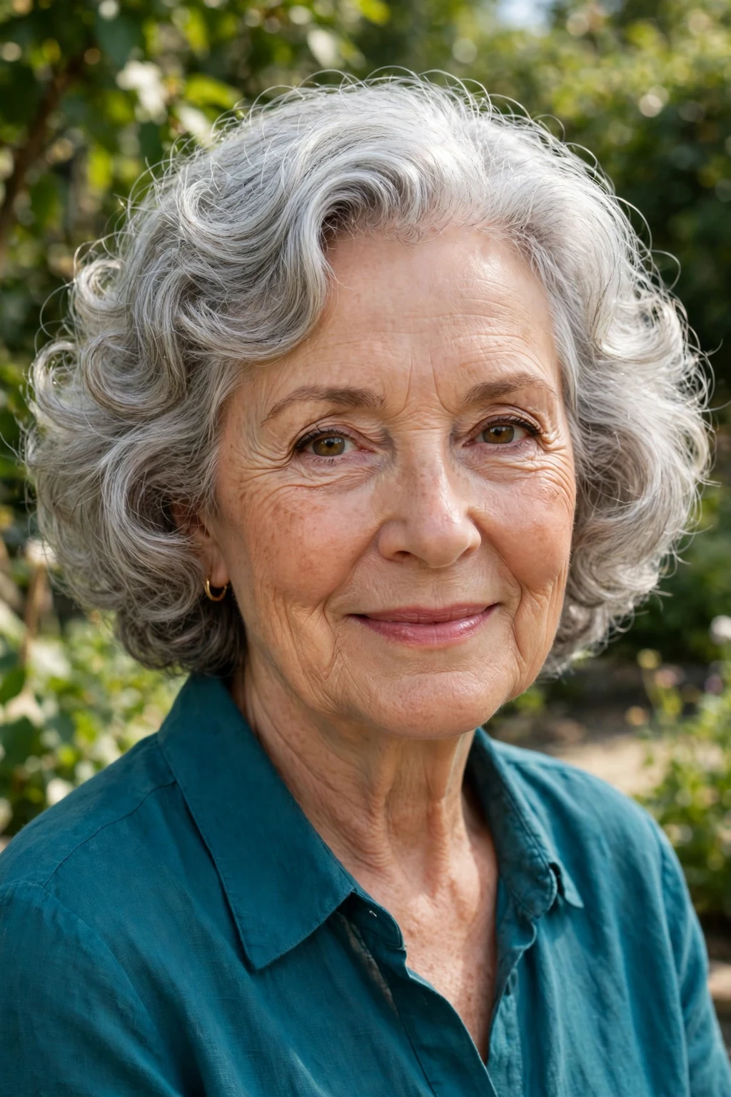 A joyful woman in her 70s with a soft silver curly bob, wearing a teal blouse, standing in a sunny garden.