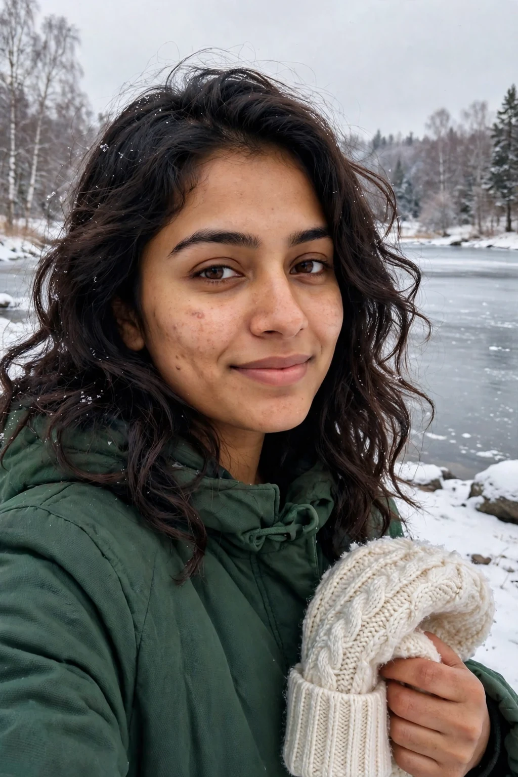 Young woman with soft snowy waves hairstyle, wearing a forest green coat near a frozen lake.
