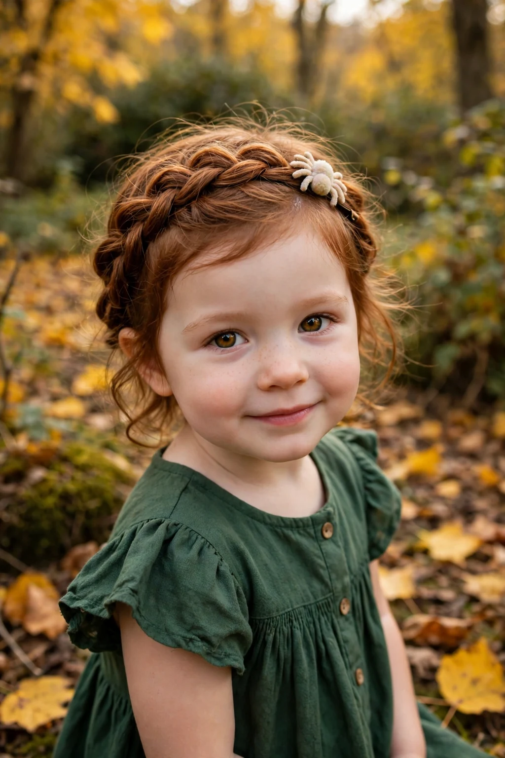 A toddler with a loose braid crown and a tiny spider clip in an autumn woodland garden.