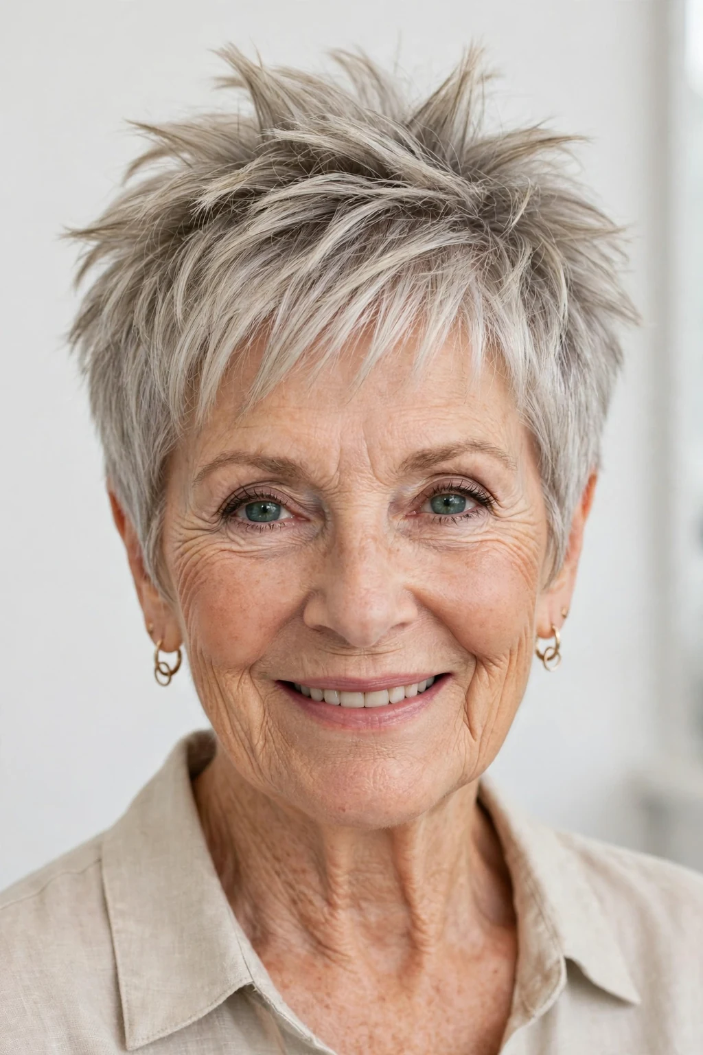 Elegant woman over 60 with soft spiky pixie, playful textured spikes, fun light.