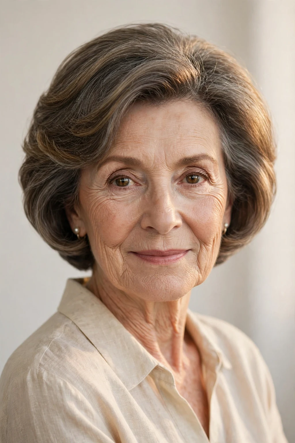Elegant woman over 60 with soft stacked bob, rounded gentle volume, warm light.