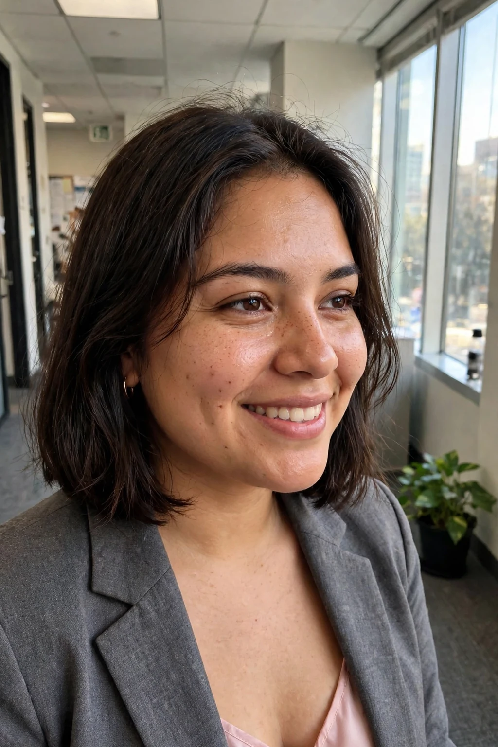Young professional woman with a soft straight lob hairstyle, wearing professional attire in an office setting.