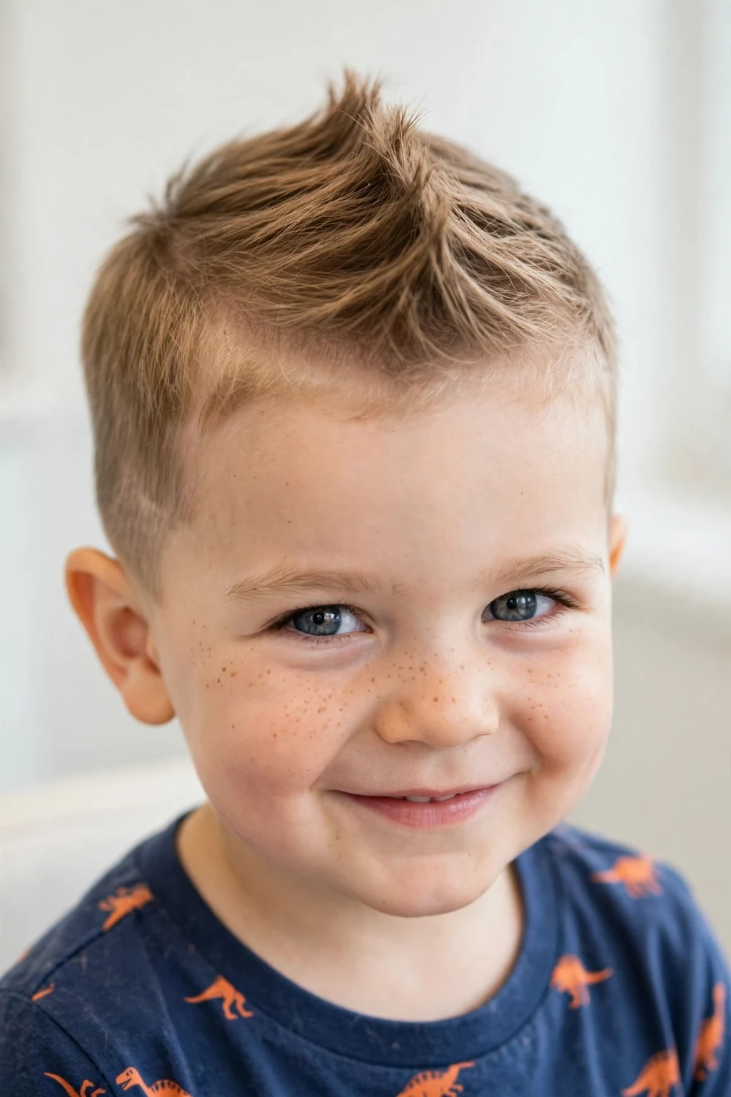 Bold toddler boy with a soft mohawk hairstyle, gentle raised center strip, playful bright lighting.