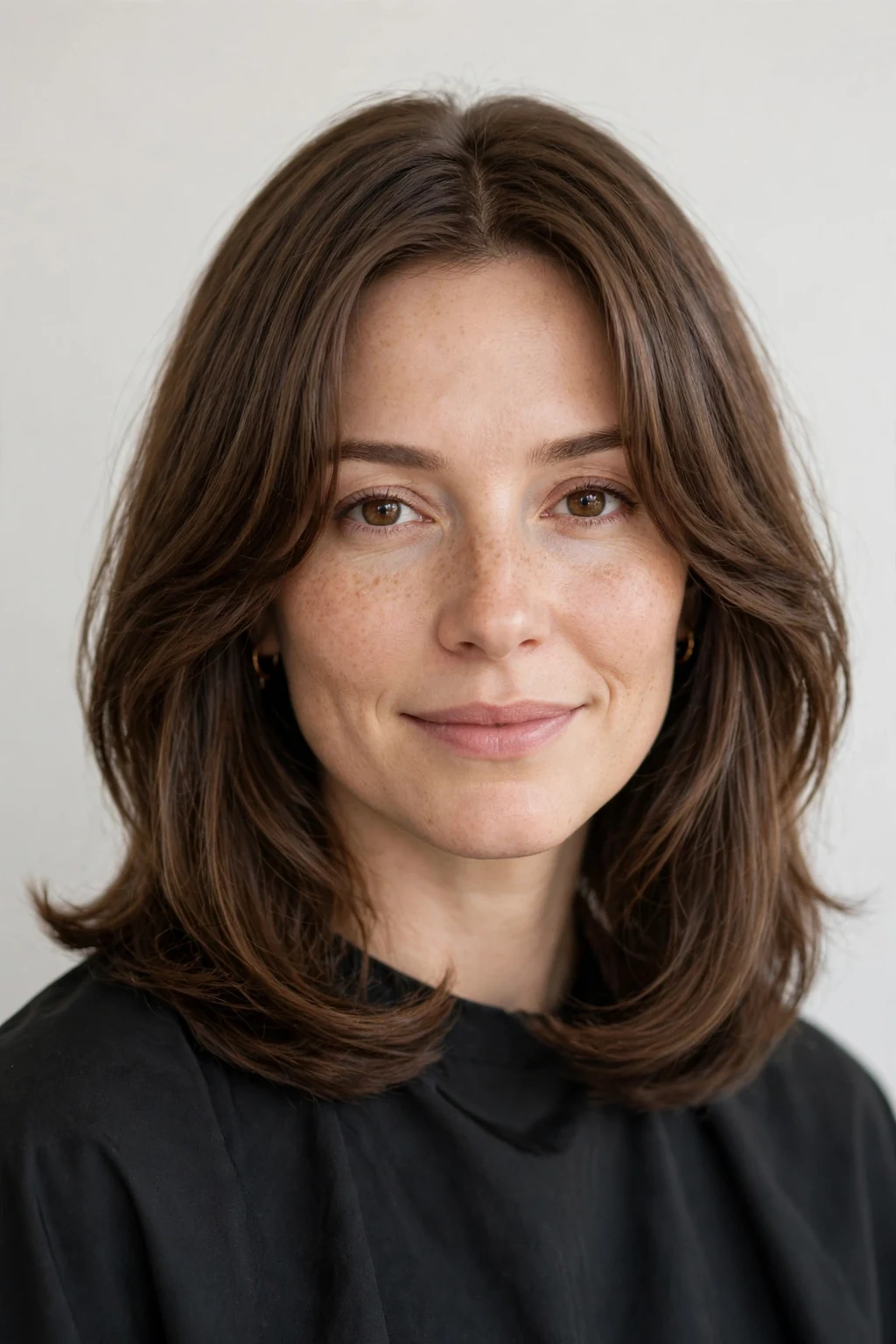 Woman with soft u-cut medium hair, rounded gentle shape, flattering light.