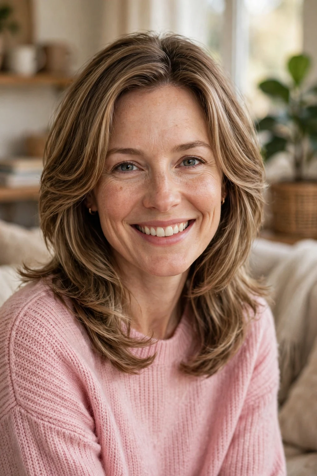 Beautiful woman with soft U-shaped layers, gentle U-shaped layering, soft light.