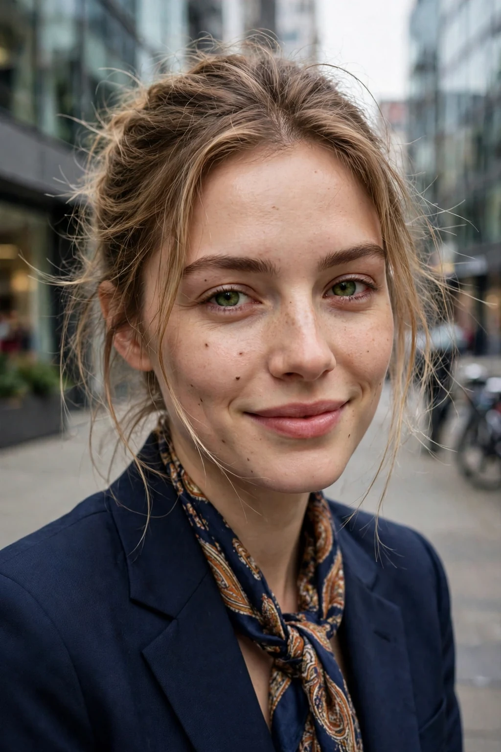 Young professional woman with a soft updo with face-framing pieces hairstyle, wearing professional attire in an office setting.