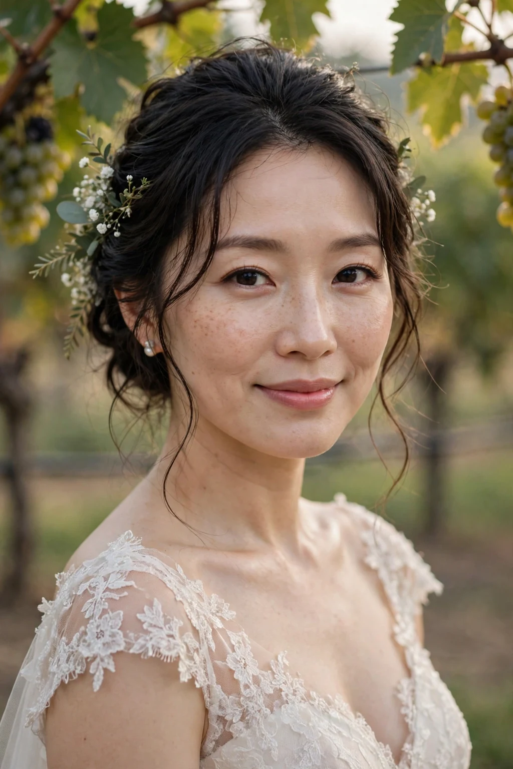 Beautiful bride with soft updo with tendrils, romantic tendril updo, soft light.