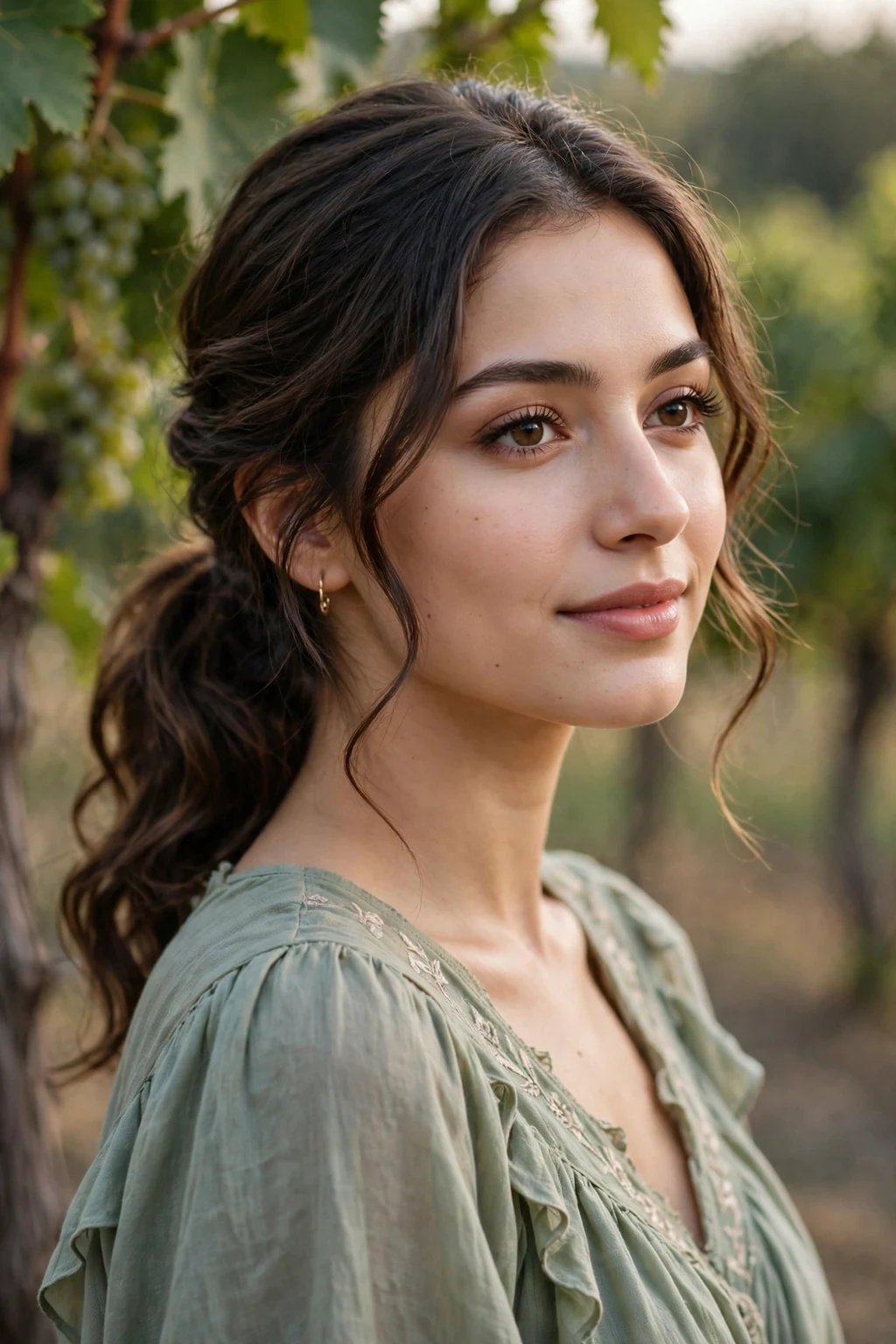Beautiful woman with low pony with soft waves, romantic wavy low pony, gentle light.