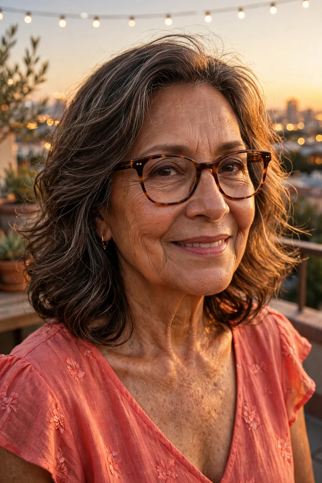 Elegant woman over 60 with fine hair and glasses and soft wave medium cut, gentle flowing waves, romantic light.