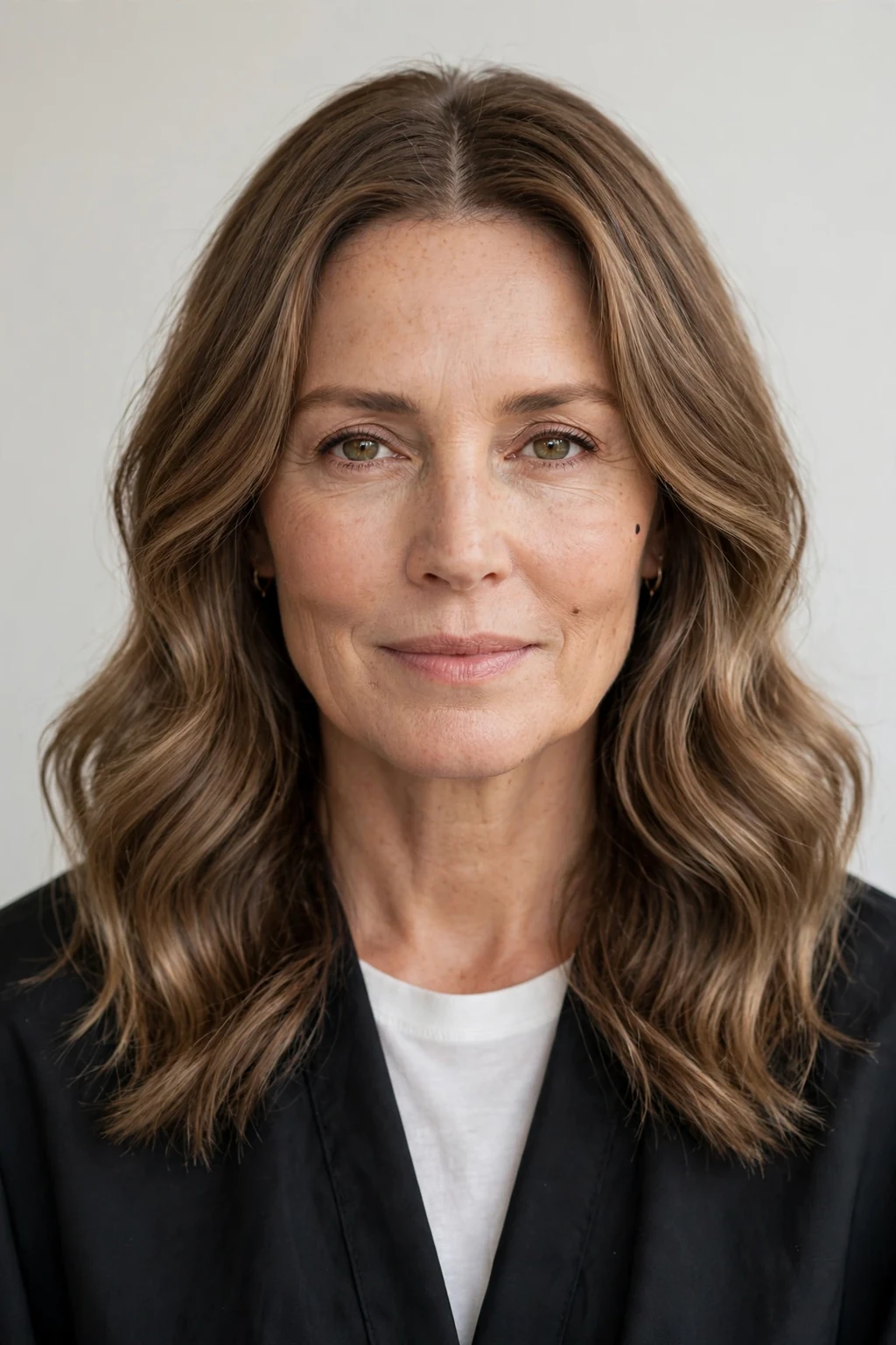Woman over 40 with soft waves and center part, symmetrical flowing style, serene light.