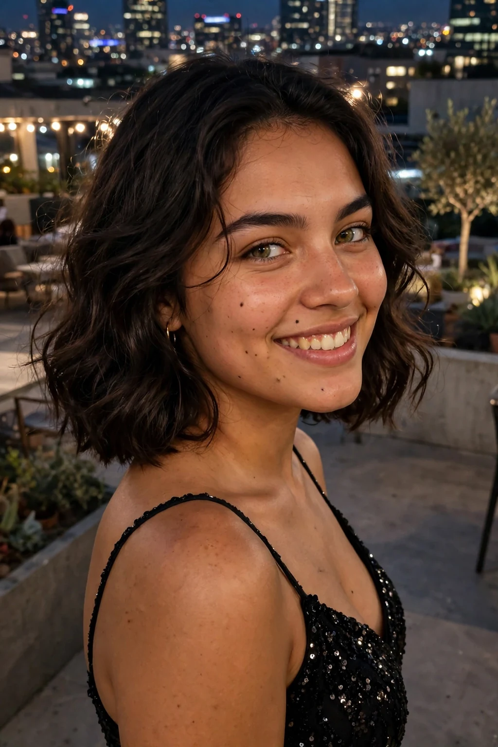 Young woman aged 18 to 20 with soft wavy bob hairstyle for prom, a rooftop terrace with city lights behind.