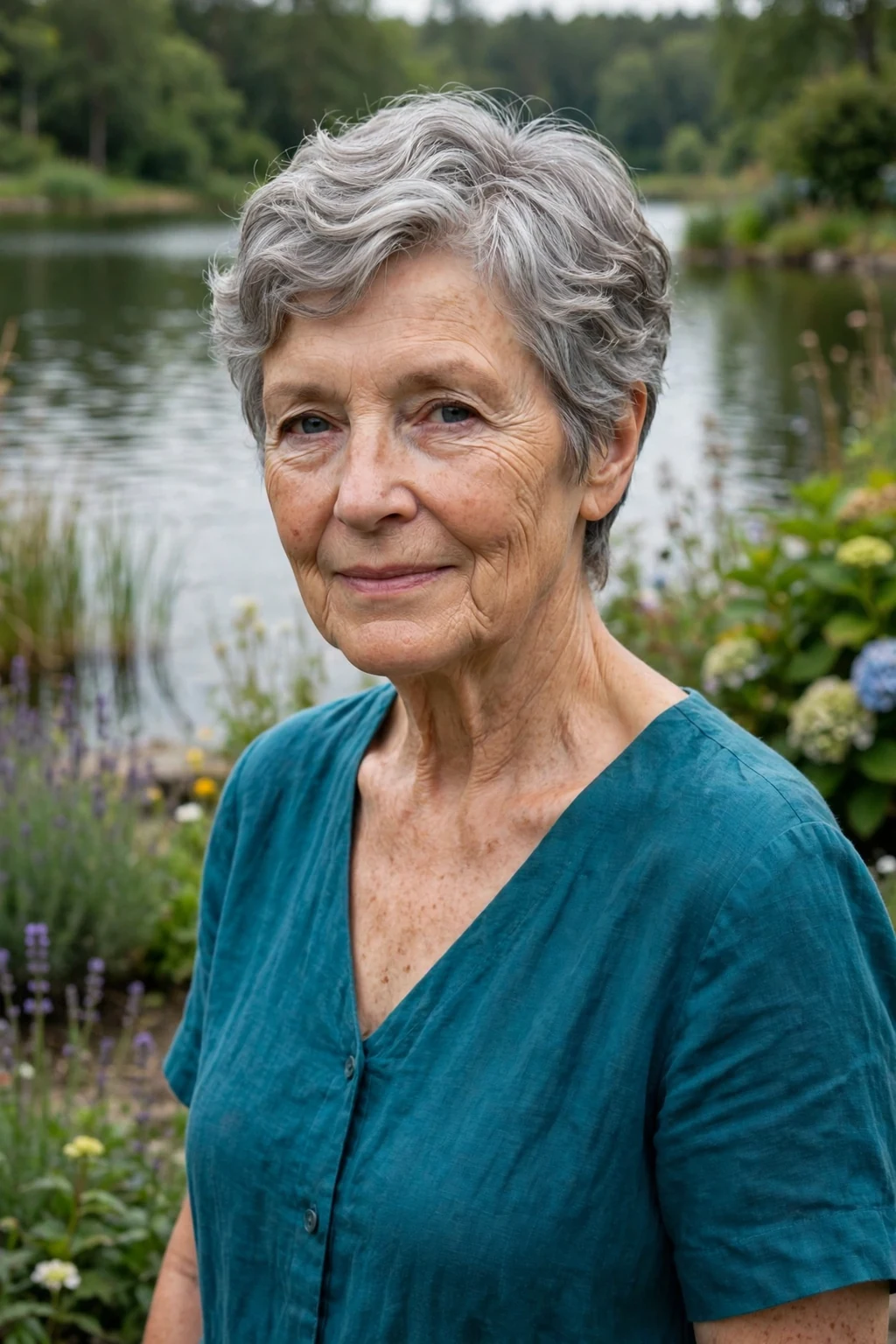 A woman in her early 70s with a soft wavy gray pixie cut, wearing a teal dress in a lakeside garden.