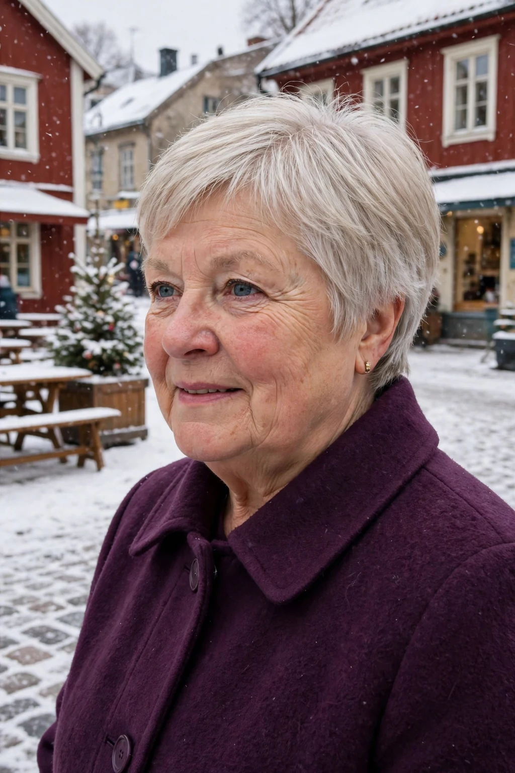 Mature woman over 50 with a soft wedge cut haircut for fine thin hair, styled and full of volume.
