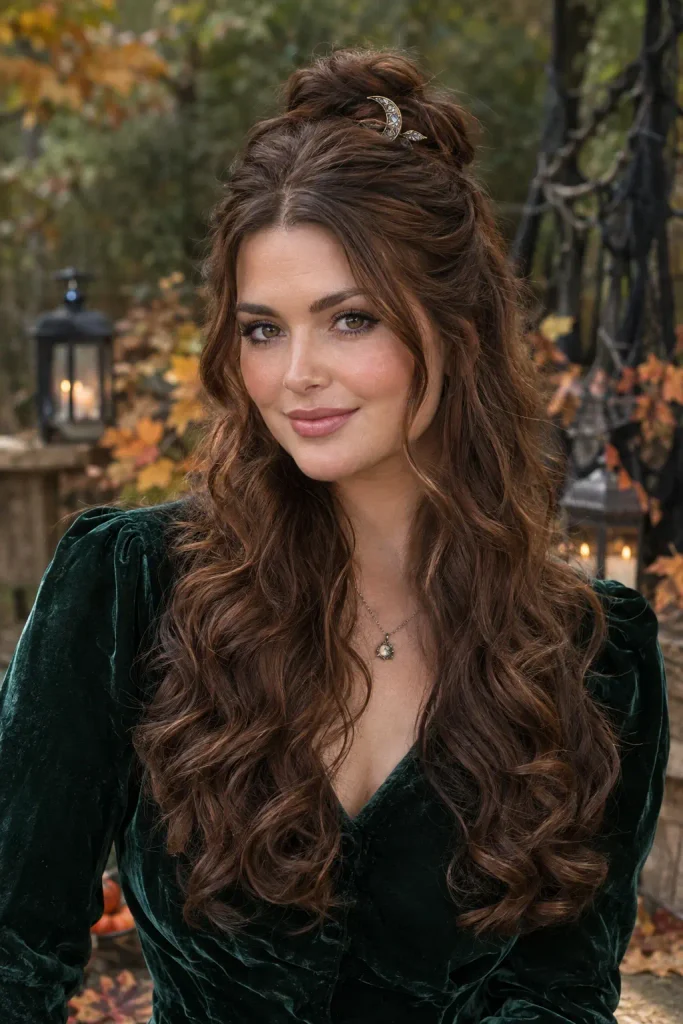 woman with long dark copper-brown curls styled in a relaxed half-up knot with a moon-shaped hair clip, wearing a deep green velvet blouse in an autumn woodland setting.