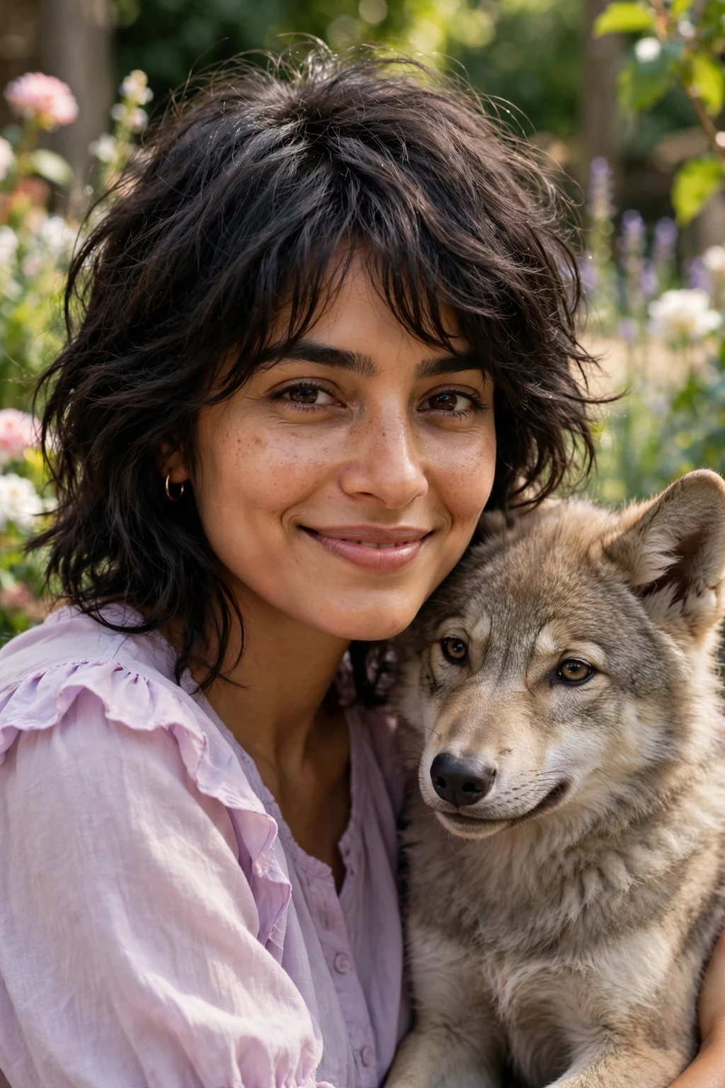 Beautiful woman with soft wolf cut, gentle soft wolf, soft light.