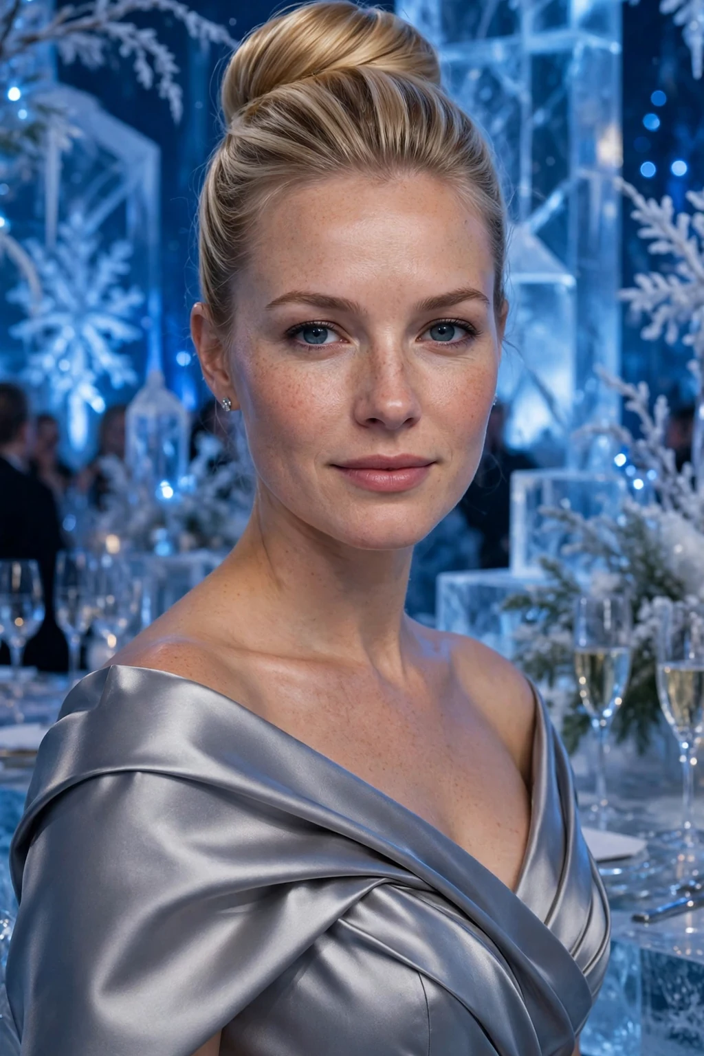 Young woman with a sophisticated high bun at a winter gala.
