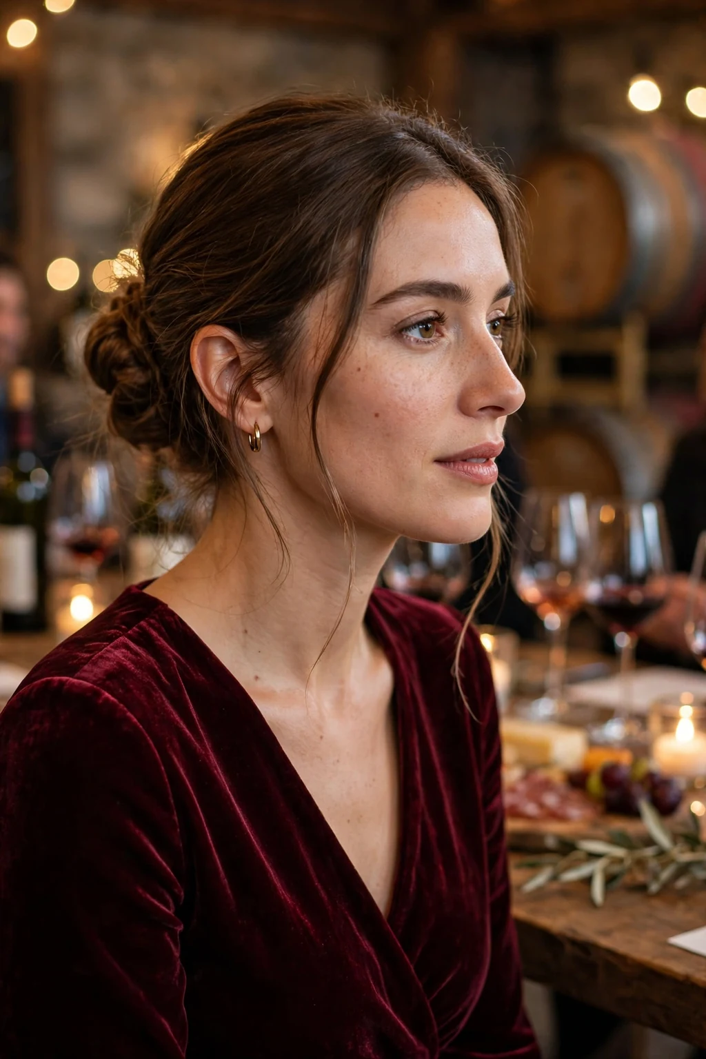 Young woman with a sophisticated low bun at a wine party, wearing a burgundy velvet dress.