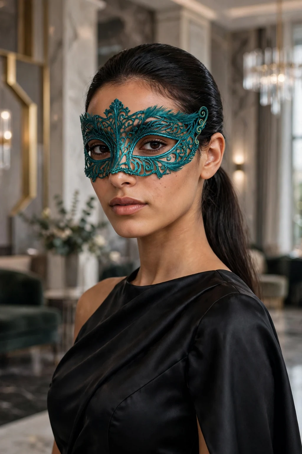 Young woman with a sophisticated sleek low ponytail and a masquerade mask.