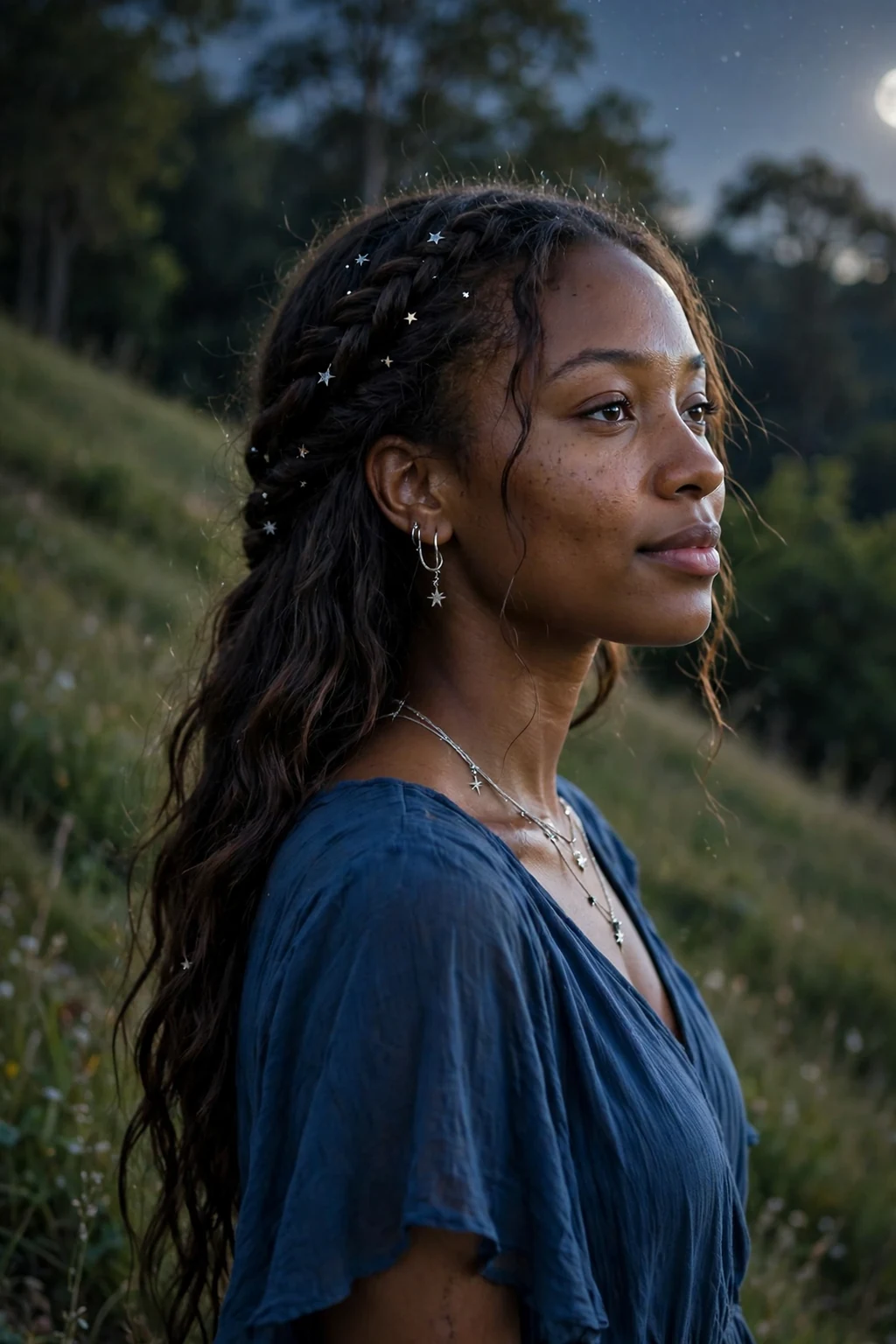 Young Black woman with sorceress waterfall braids cascading down her back at a Halloween party.