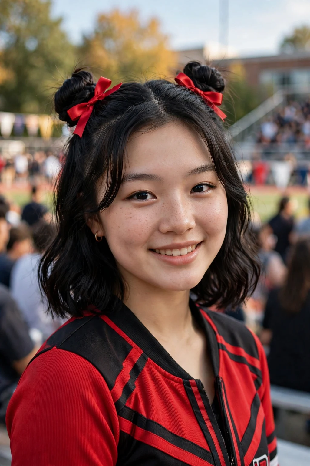 Young cheerleader with two space buns topped with mini red bows, at an outdoor pep rally.