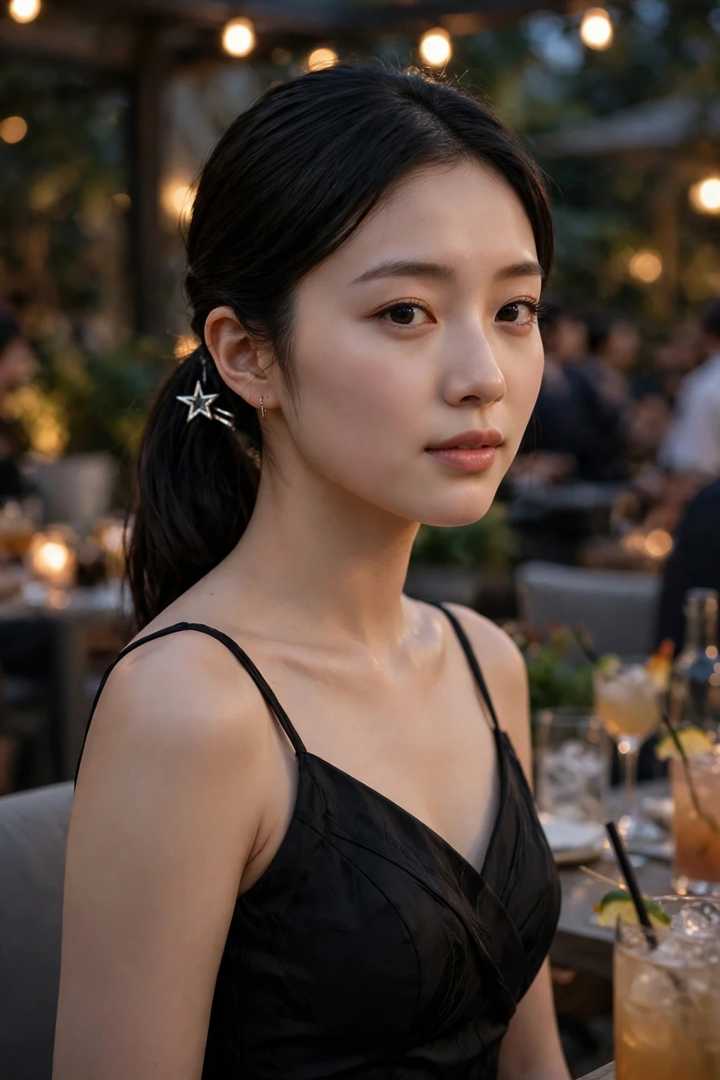 Young woman with a sleek low ponytail and star barrette at a cocktail gathering.