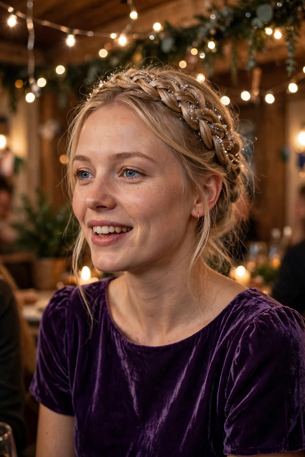 Young woman with a sparkling braided crown at a festive party, wearing a purple velvet dress.