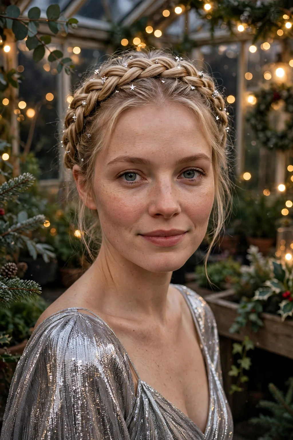 A young woman with a sparkling braided crown updo at a winter party, wearing a silver shimmer dress.