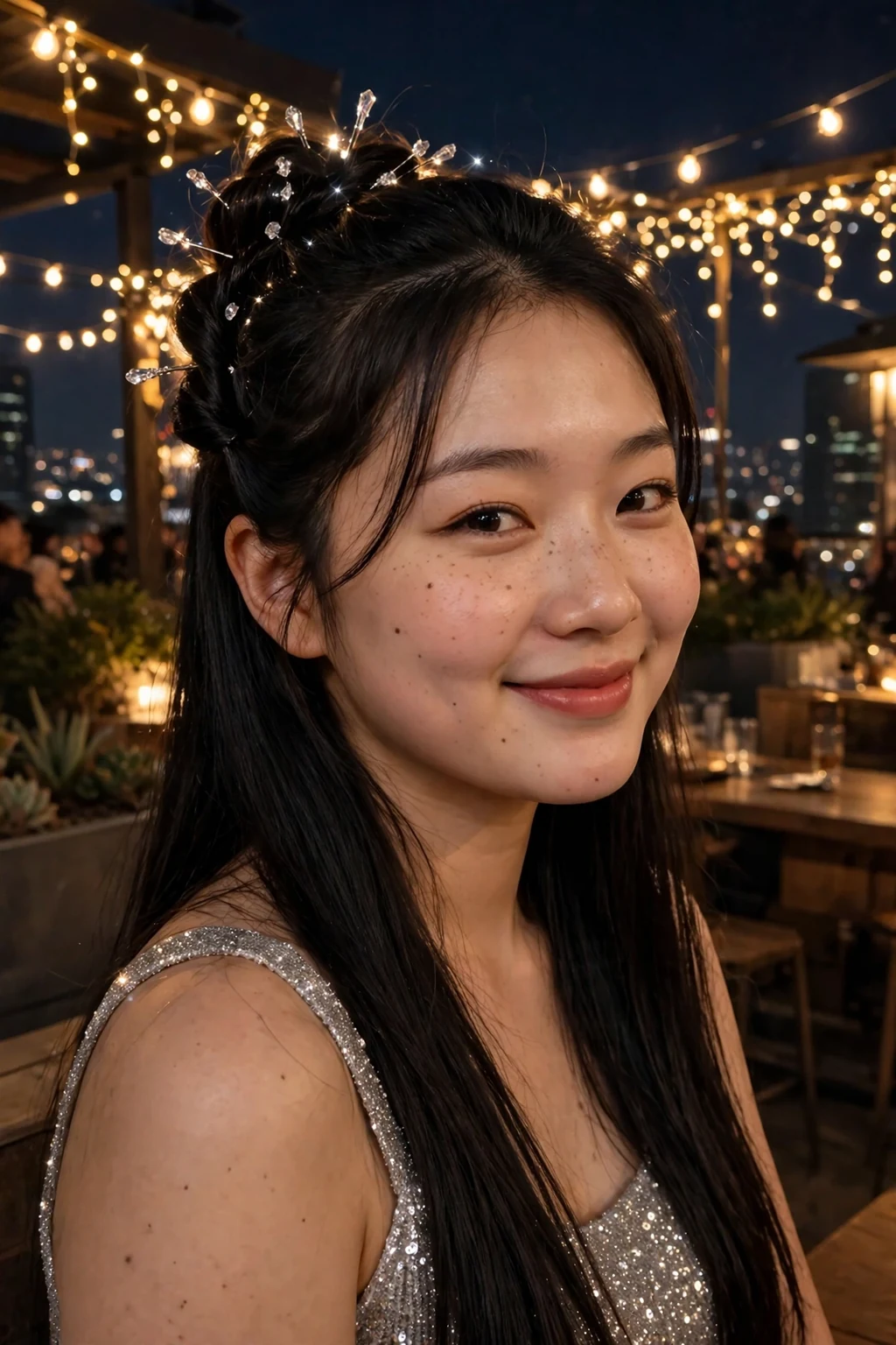 Young Korean woman with a sparkling half-up twist wearing a silver sparkle top at a rooftop bar.