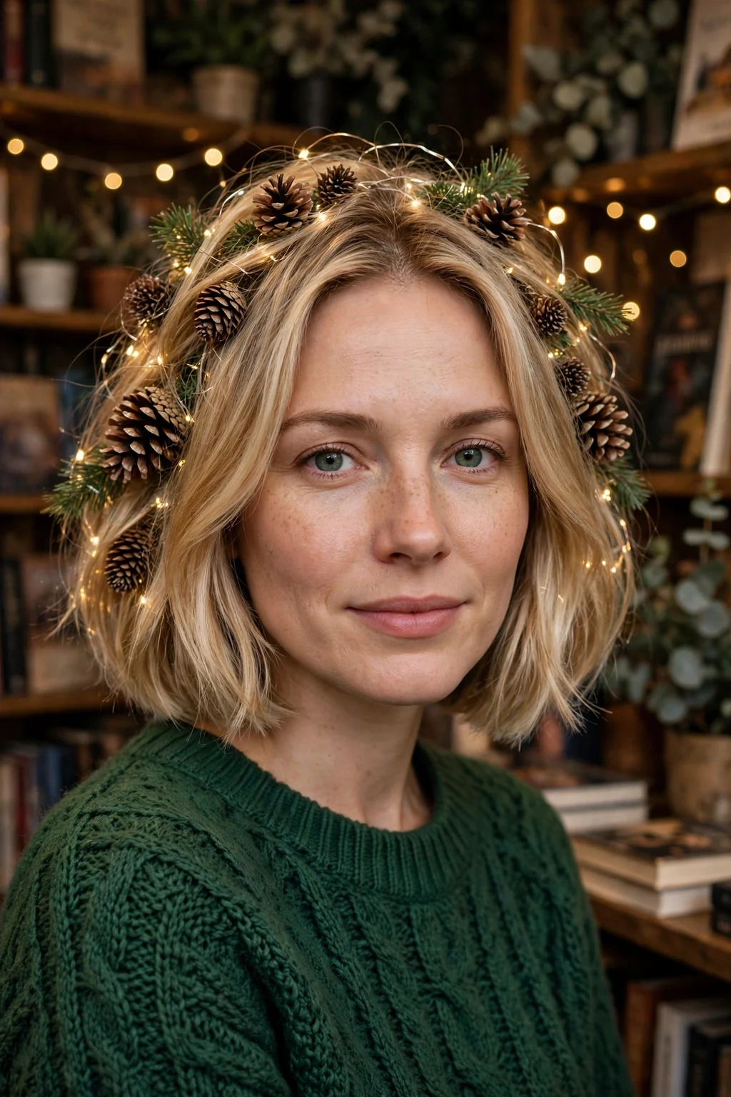 Young woman with sparkling pinecone bob hairstyle, festive holiday look.