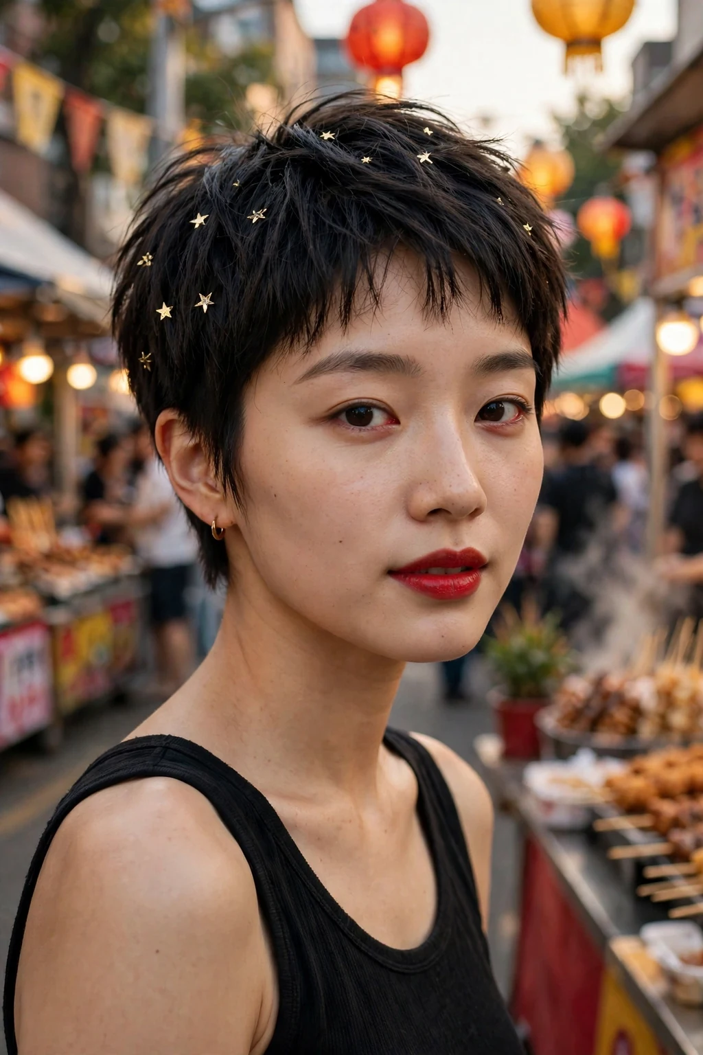 Young woman with a pixie cut decorated with star clips at a street fair.
