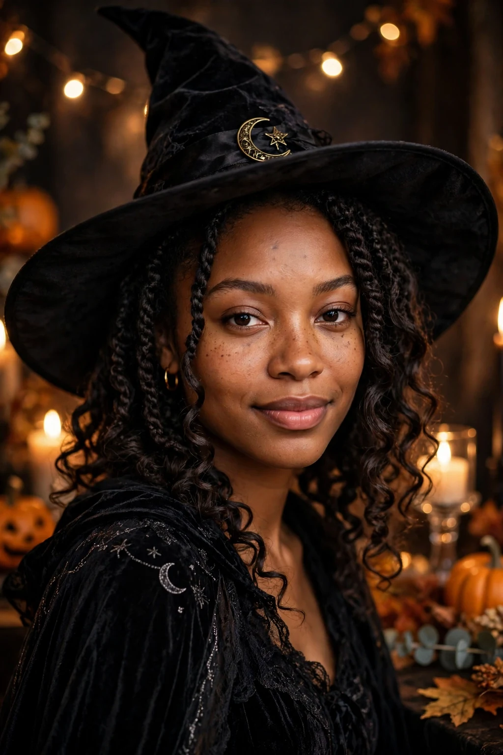 Young Black woman with spellbound passion twists and a witch costume at a Halloween party.