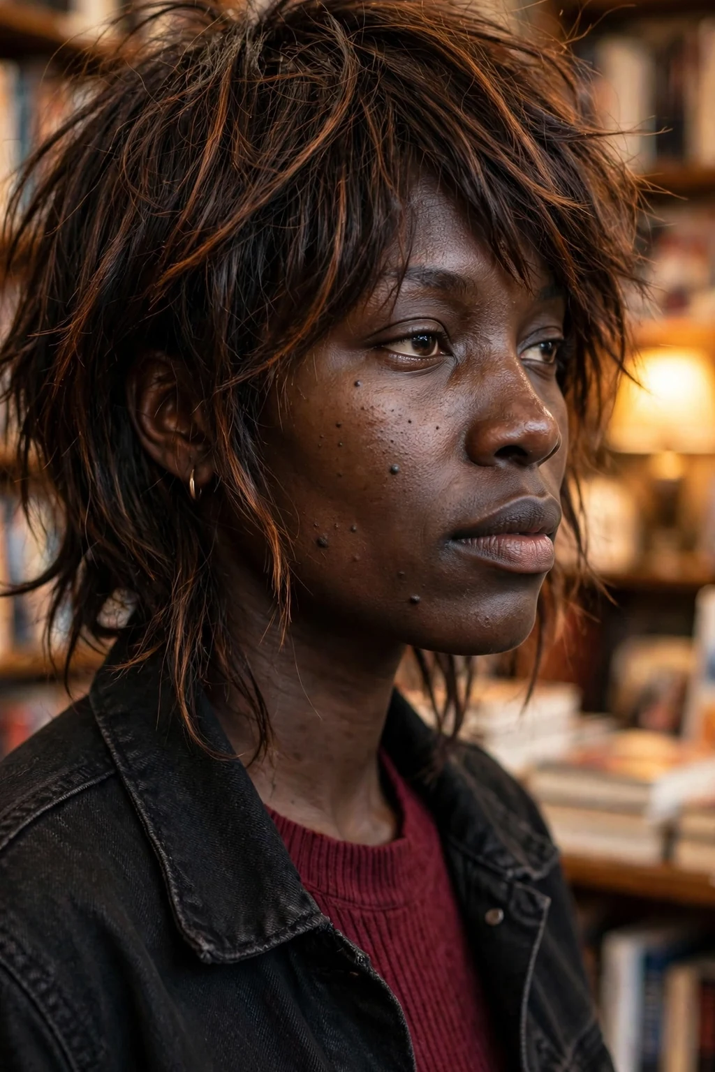 Young Black woman with a spellcaster layered shag with copper highlights at a Halloween party.