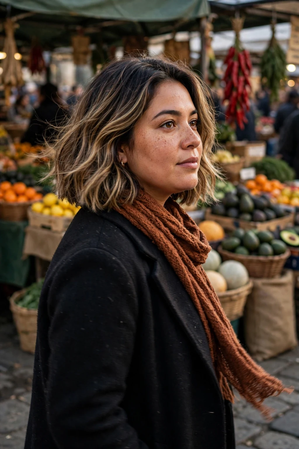 Young woman with a spiced latte balayage bob, walking through a market wearing a rust scarf and dark coat.
