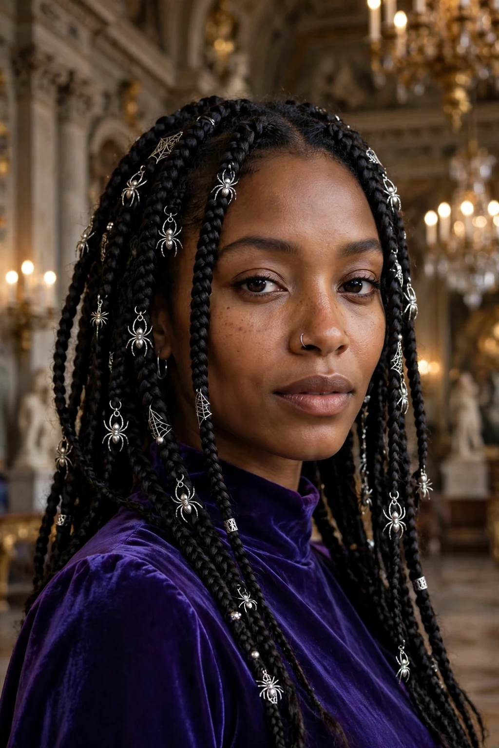 Young woman with spider queen box braids adorned with silver spider charms.