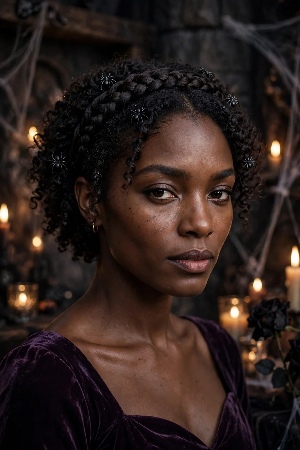 Young woman with a braided crown headband on short hair decorated with tiny spiders, wearing a dark purple dress at a gothic Halloween party.