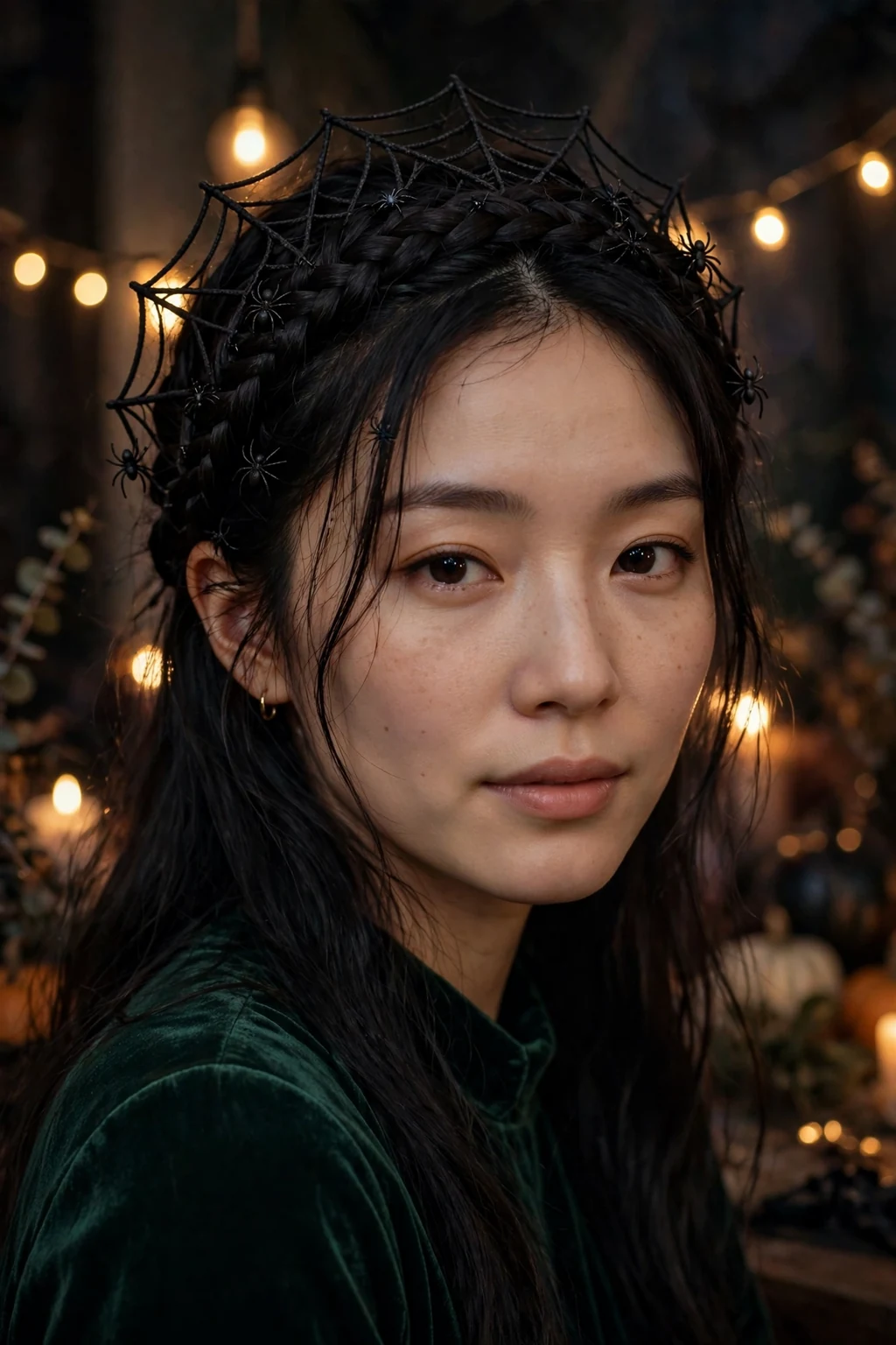 Young woman wearing a spiderweb braided crown with delicate web-like braid crossings and tiny spider pins.