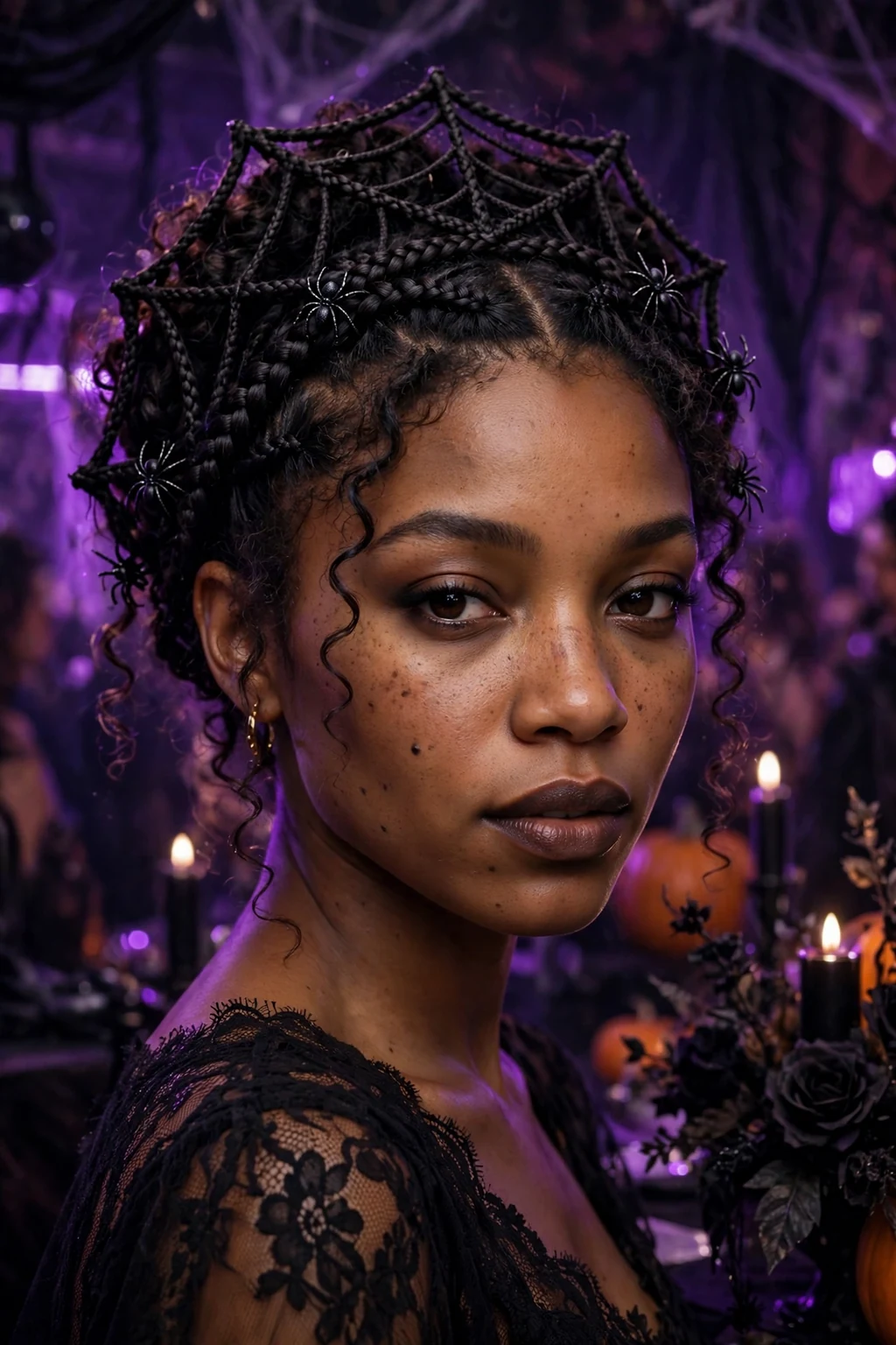 Young woman with a spiderweb braided crown and a black lace dress at a gothic Halloween party.
