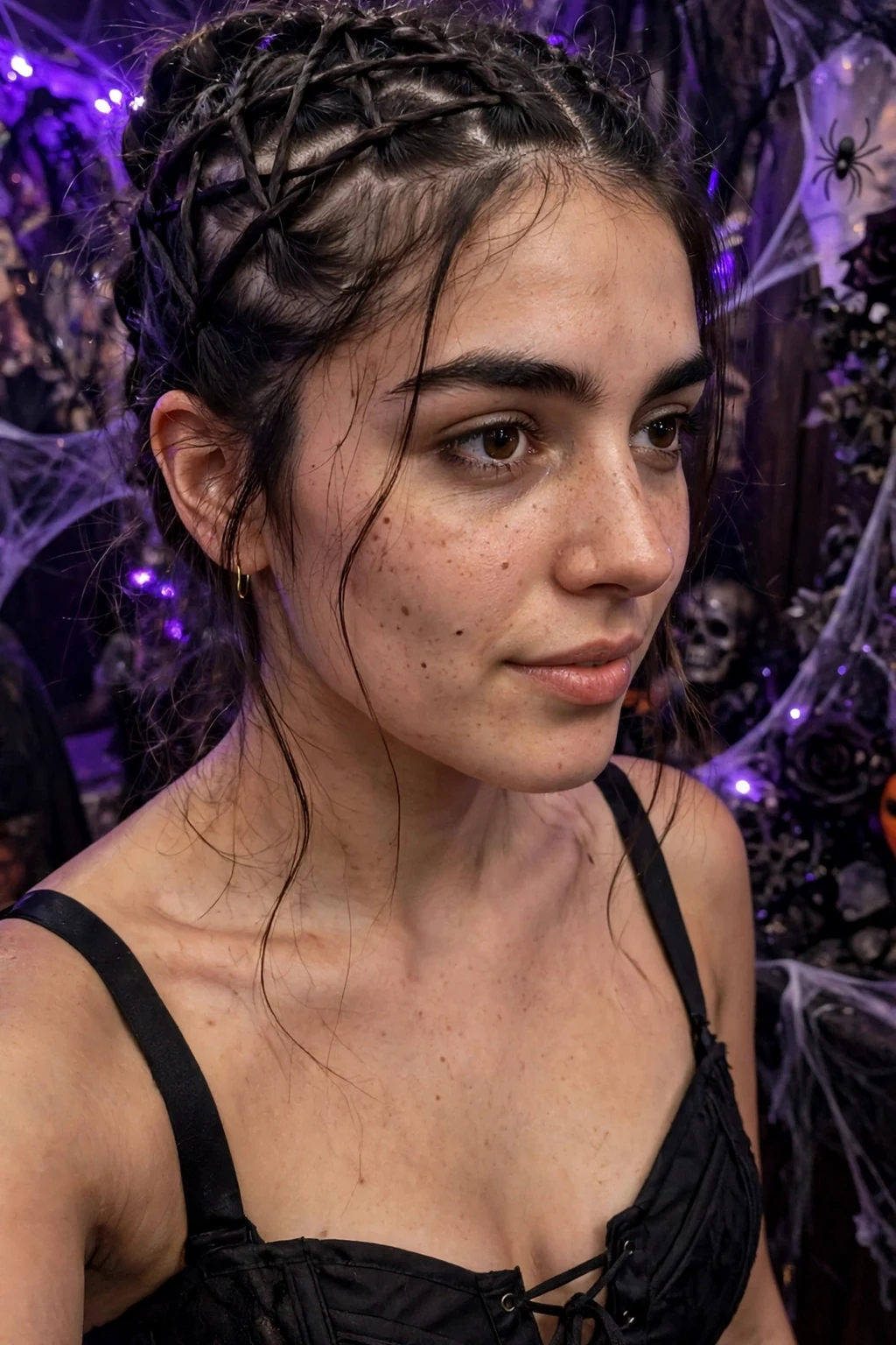 Young woman with a spiderweb braided updo at a gothic party wearing a black corset top.