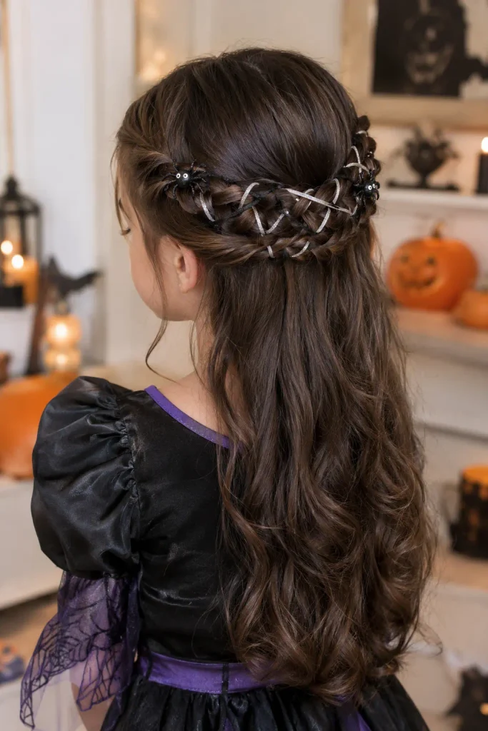 Spiderweb crown braid Halloween hairstyle for kids