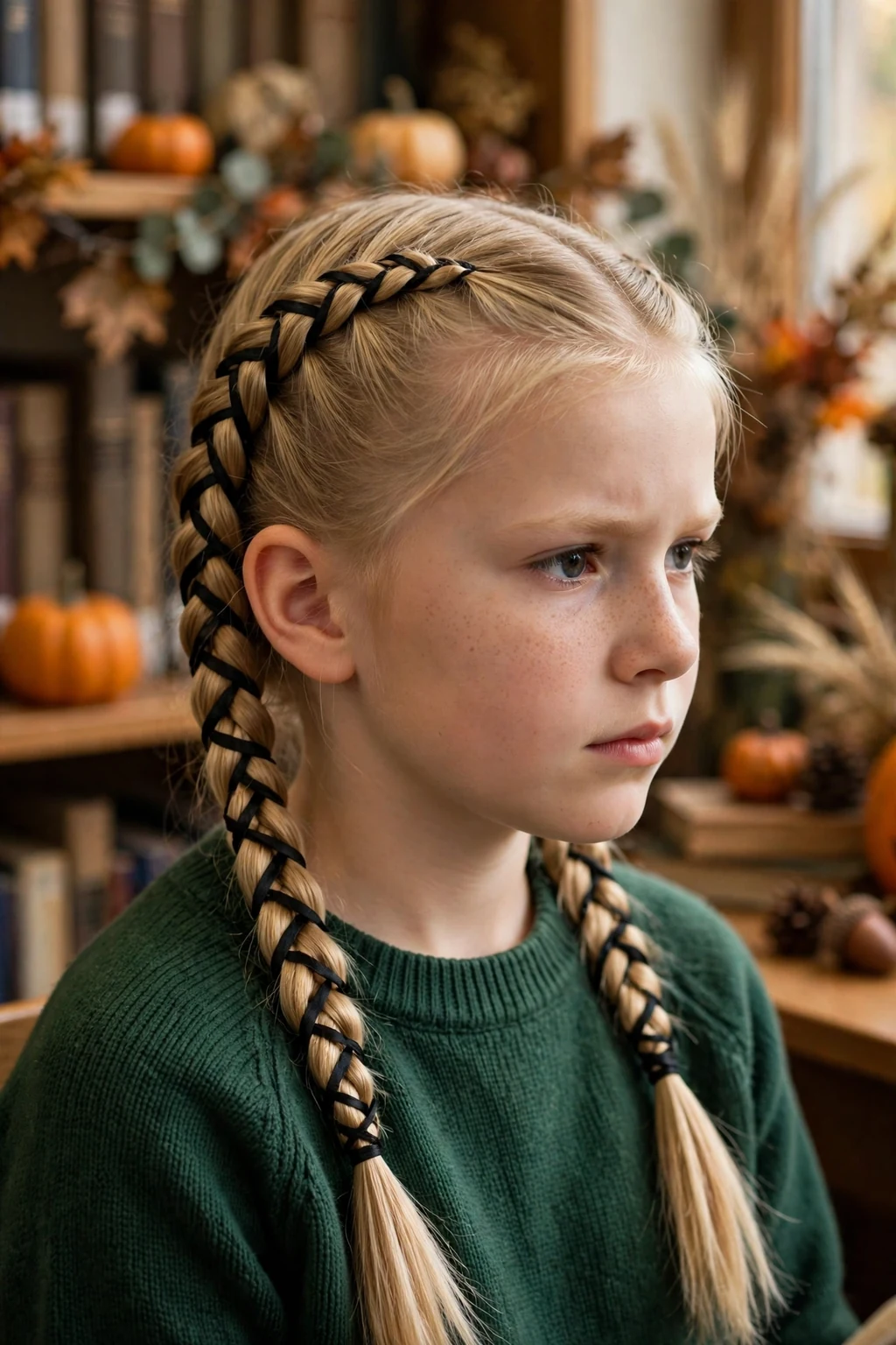 A schoolgirl with two French braids crossed with black ribbon in a web pattern, in a school library with Halloween books.