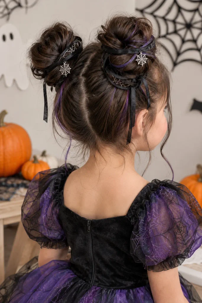 Spiderweb space buns Halloween hairstyle for kids