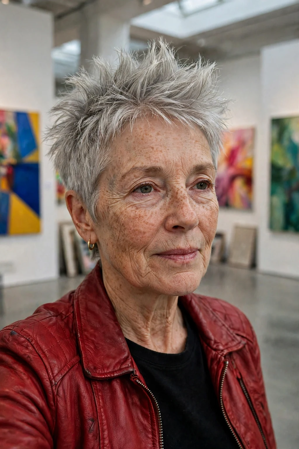 An older woman with a spiky pixie cut, wearing a red leather jacket at an art gallery.