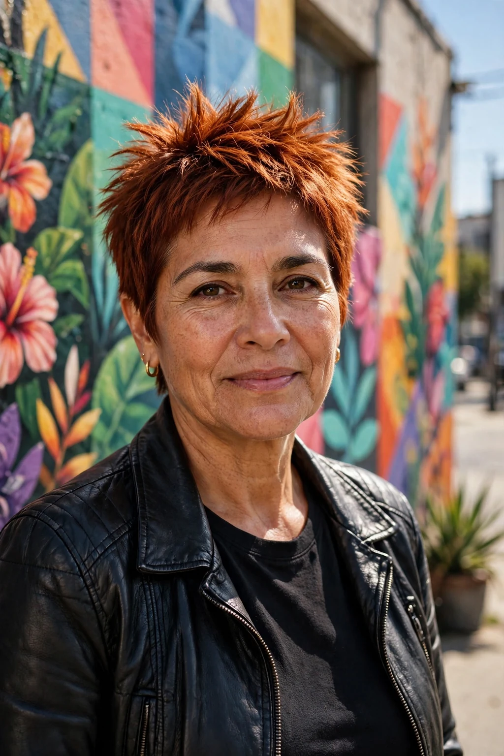 A Hispanic woman in her mid fifties with a spiky pixie haircut, wearing a black leather jacket by a street mural.